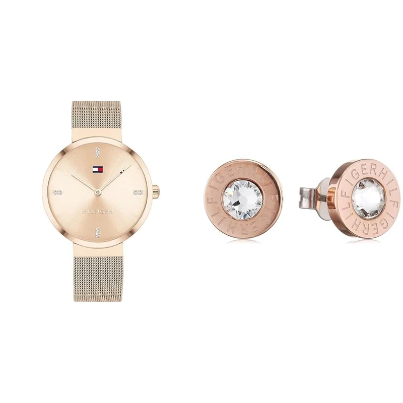 Tommy Hilfiger Watch for Women with Carnation Gold Colored Stainless Steel mesh Bracelet - 1782218 Jewelry Women's Stainless Steel Earrings Embellished with Crystals - 2700752