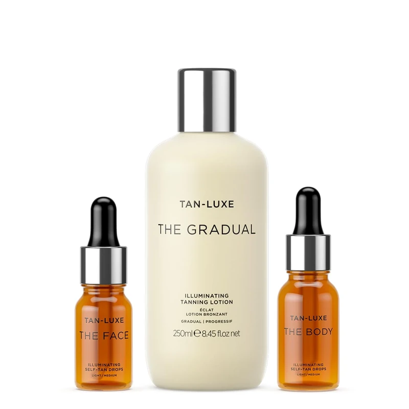 THE FACE Self Tanning Drops, Medium (10 ml) + Tan Luxe THE GRADUAL Self Tan Lotion, (250 ml) Self Tanning Skin Care with Gradual Glow + Tan Luxe THE BODY Self Tan Drops, Medium (15 ml)