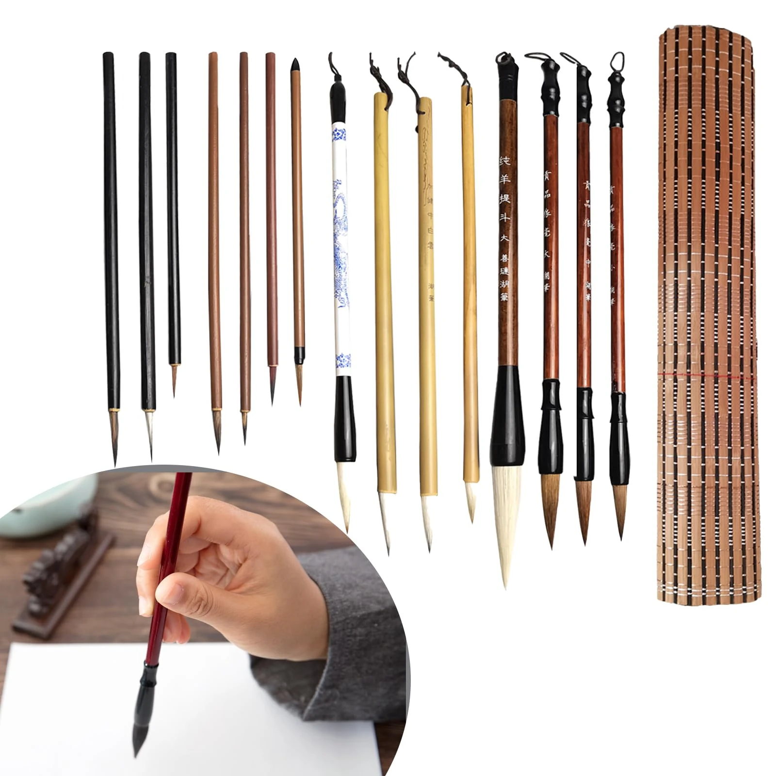 15PCS Chinese Calligraphy Brush Set, Wolf Hair Mixed Sizes, Japanese Art Pens for Beginners and Students