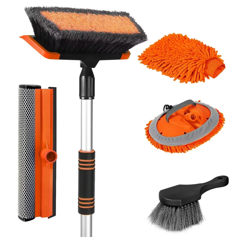 Wontolf 62'' Car Wash Brush with Long Handle, Scratch-Free Soft Bristles Sturdy Car Wash Mop, Complete Cleaning Brush Kit Wash Mitt Towel Windshield Squeegee Wheel Tire Brush for Car Truck RV Orange