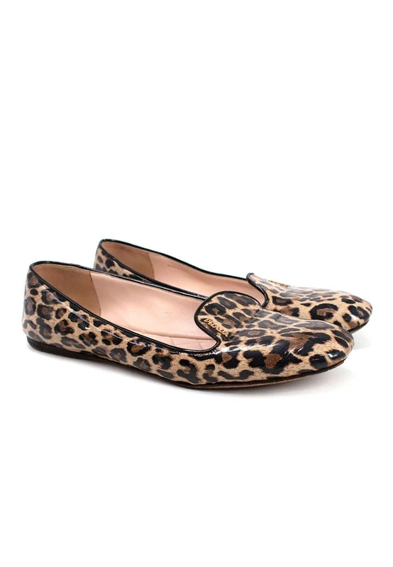 Prada Pre-Loved Leopard Print Patent Leather Ballerinas Brown