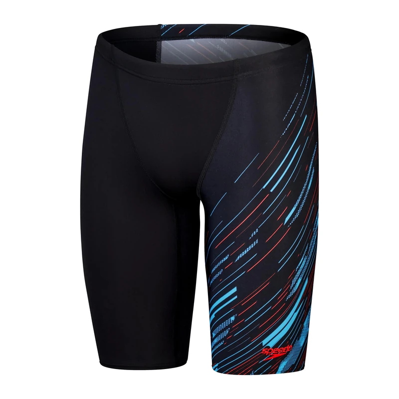 Speedo Men's Hyperboom V-Cut Jammer | Quick Drying | Training | Fitness | Chlorine Resistant Swimwear, Black/Picton Blue/Siren Red, 7