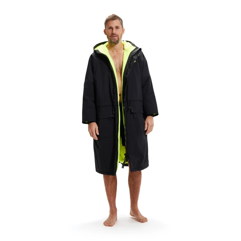 Speedo Unisex-Adult Swim Robe | Open Water Swimming | Drying Robe | Towelling Properties, Black/Yellow, XXL