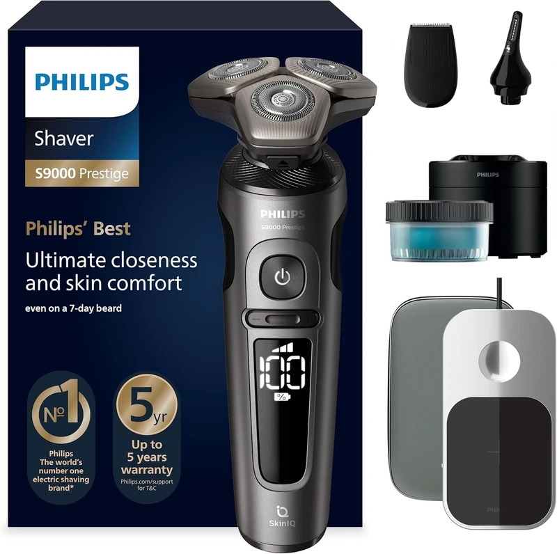 Philips Shaver S9000 Prestige, Wet & Dry Electric Shaver, Champagne Gold, with SkinIQ Technology, Premium Pouch, Qi Charging Pad, Precision Trimmer, Nose Trimmer and Cleaning Pod, Model SP9882/36