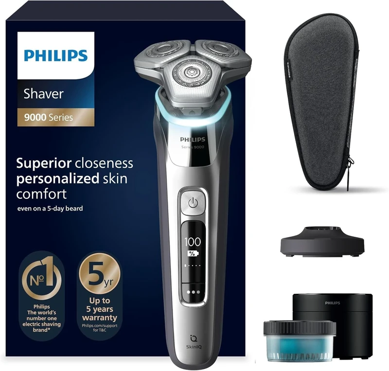 Philips Shaver Series 9000, Wet and Dry Electric Shaver, with Lift and Cut Shaving System and SkinIQ Technology, Pop-up Trimmer, Cleaning Pod, Charging Stand, Travel Case, Chrome Silver, S9975/54