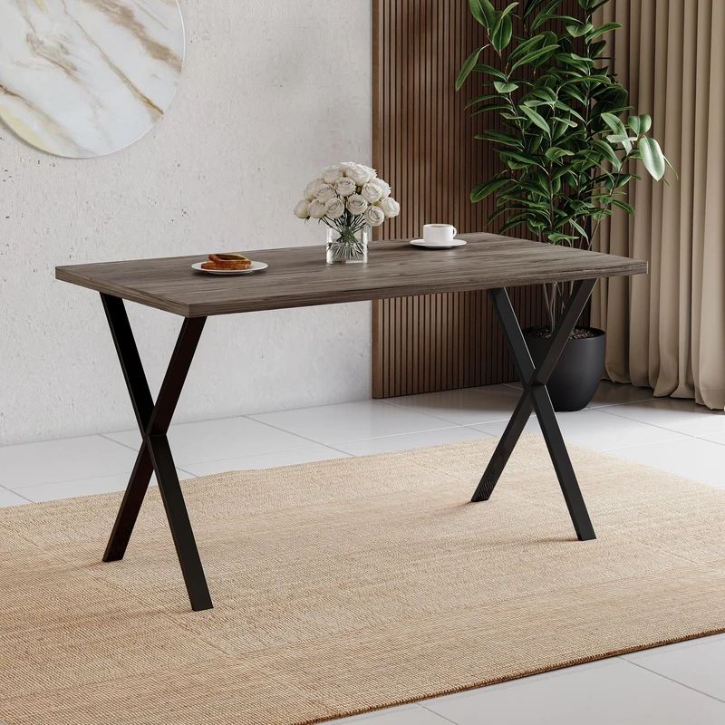Vida Designs 4 Seater Dining Table With X Shaped Black Metal Legs, Industrial Style Rectangle Kitchen/Dining Room Furniture (Walnut)