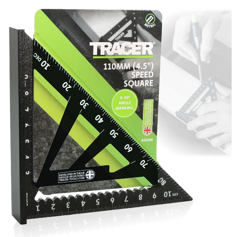 TRACER Speed Square 110mm (4.5 Inch). Rafters Square with Metric and Hip & Valley Scales. Roofing and Carpentry Marking Tool