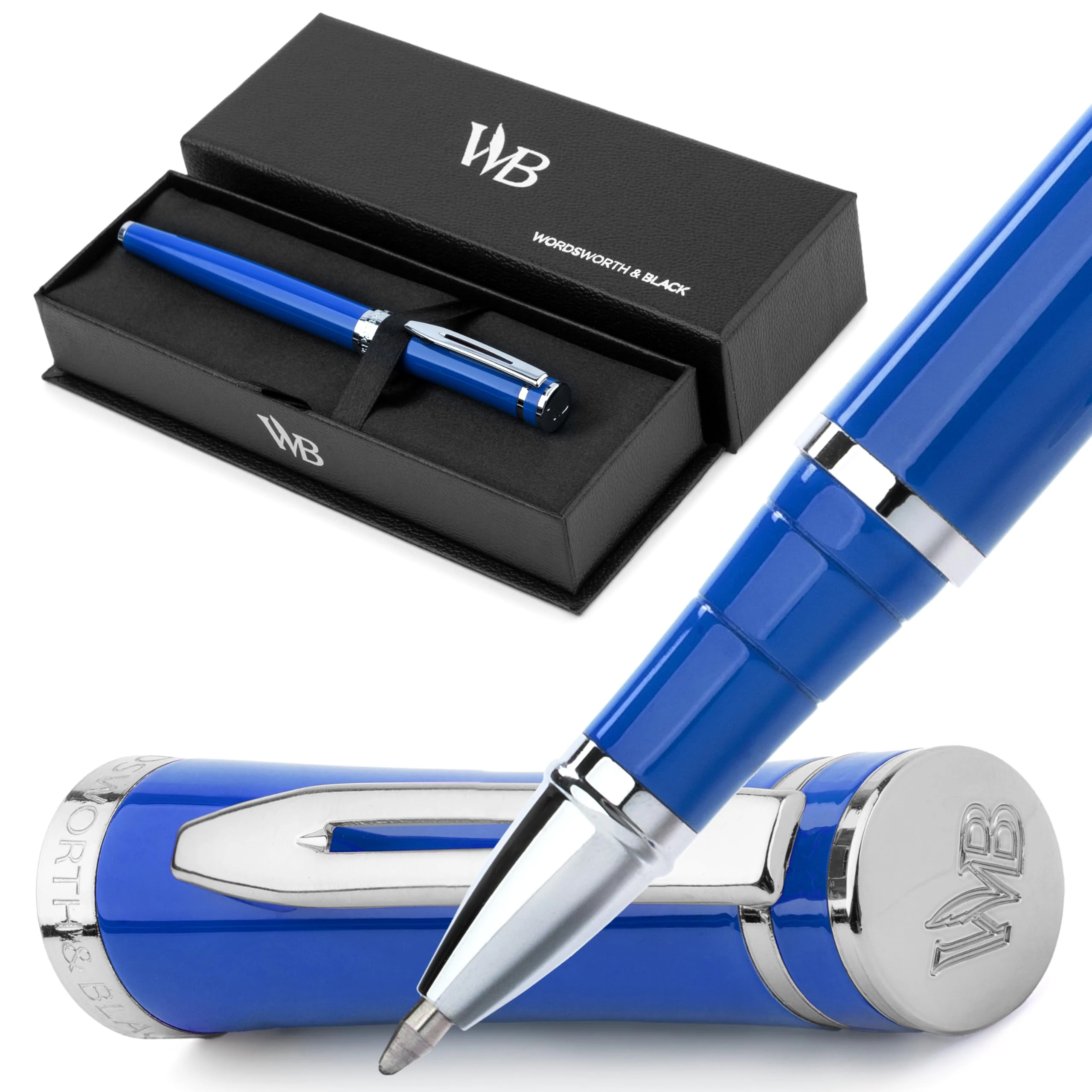 Wordsworth and Black Rollerball Pen - Luxury Pen - Chrome Finish, Blue Lacquer, Ink Refill, Refillable Gift for Men & Women, Professional Writing, Nice and Fancy Pens and for Work