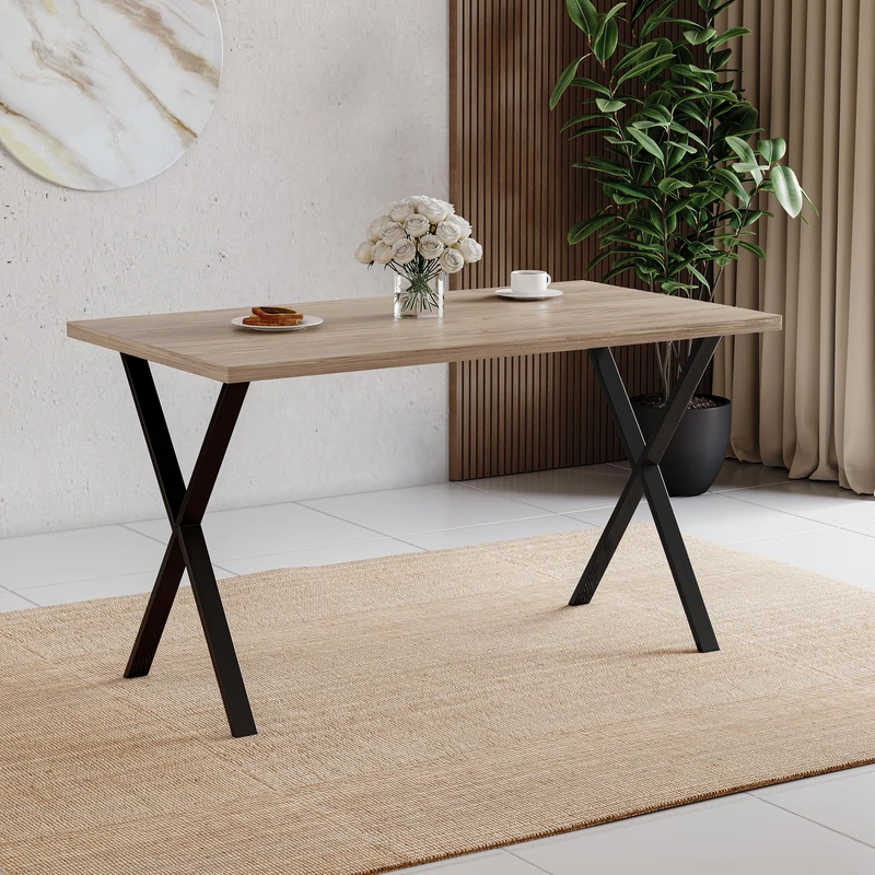 Vida Designs 4 Seater Dining Table With X Shaped Black Metal Legs, Industrial Style Rectangle Kitchen/Dining Room Furniture (Oak)