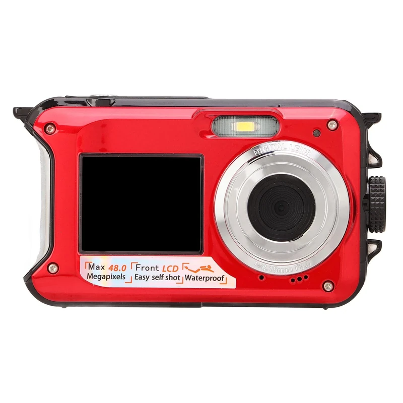 Red 10ft Waterproof Underwater Camera - Full HD 2.7K 48MP, 16X Digital Zoom, Dual Screen for Snorkeling
