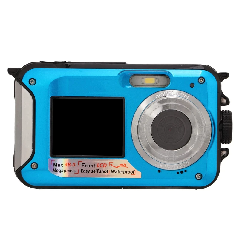 Underwater Digital Camera, 10ft Waterproof, Full HD 2.7K 48MP, 16X Digital Zoom, Dual Screen for Snorkeling (Blue)