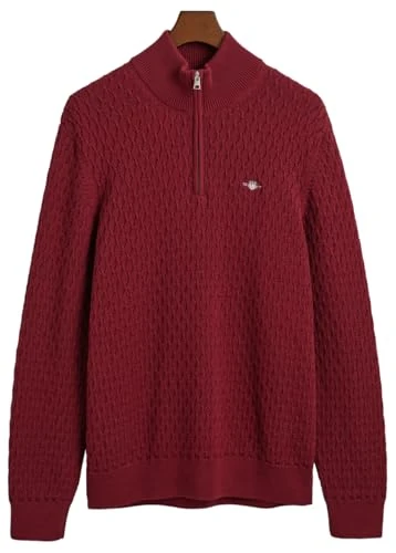 GANT Men's Textured Cotton Half Zip Pullover Sweater, Plumped Red, L