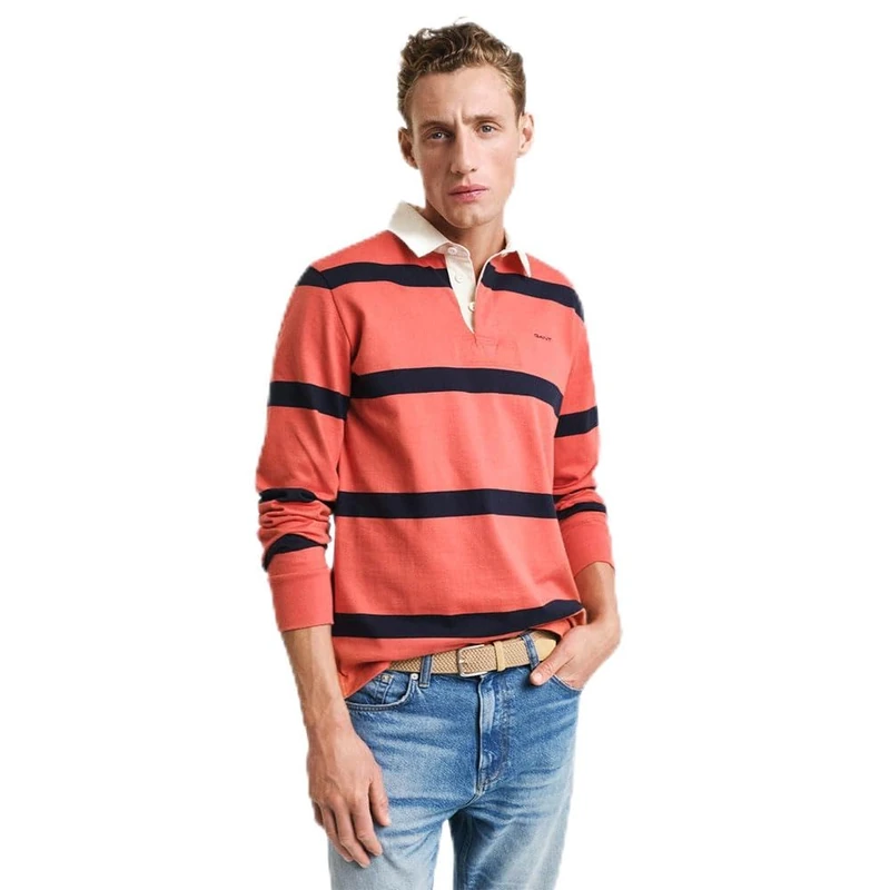GANT Men's Yarn Dyed Striped Heavy Rugger Polo Shirt, Strong Coral, 5XL