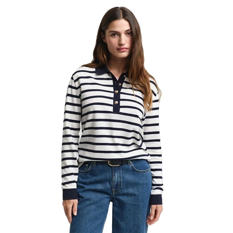 GANT Women's Breton Stripe LS Pique Polo Shirt, Cream, XL