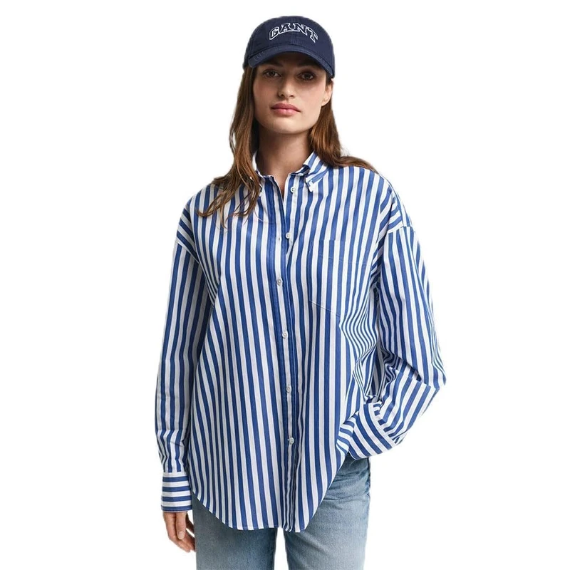 GANT Women's Os Striped Classic Poplin Bd Shirt Blouse, Clear Blue, 16