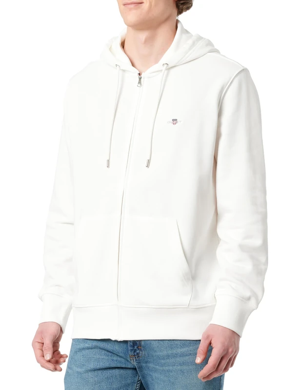 GANT Men's Reg Shield Full Zip Hoodie Cardigan Sweater, Eggshell, XL