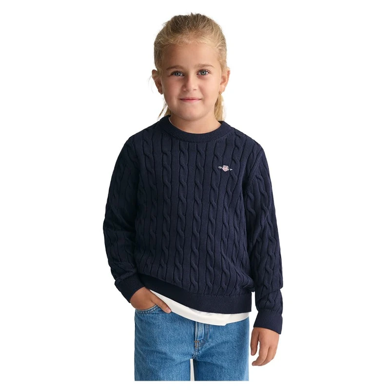 GANT Unisex Kinder Cotton Cable Shield Crew Pullover Sweater, Evening Blue, - Image 1
