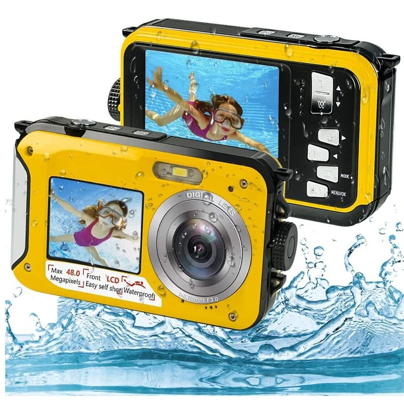Underwater Camera, 10ft Waterproof, Full HD 2.7K 48MP, 16X Digital Zoom, Selfie Dual Screen, DV Digital Camera for Snorkelling(Yellow)