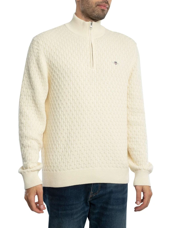 GANT Men's Textured Cotton Half Zip Pullover Sweater, Cream, L