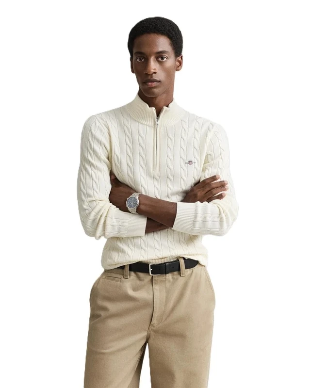 GANT Cotton Cable Half Zip, Cream, M