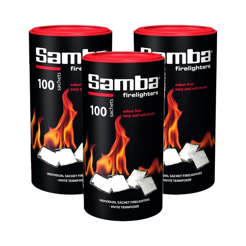 300 Samba Firestarters Firelighters Sachets - Odourless Burning & Easy to Light - For BBQs Barbecues Wood Burner Wood-Fired Ovens Stoves Fireplaces & Campfires - 3 Tubes