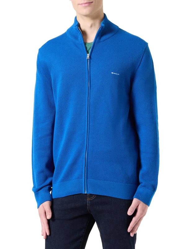 GANT Men's Cotton Pique Zip Cardigan Sweater, Lapis Blue, XL