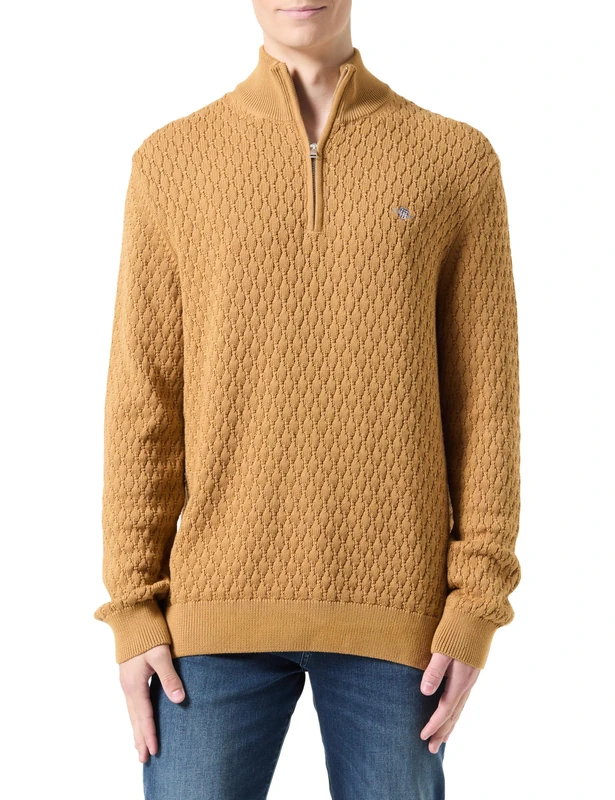 GANT Men's Textured Cotton Half Zip Pullover Sweater, Dark Almond, M
