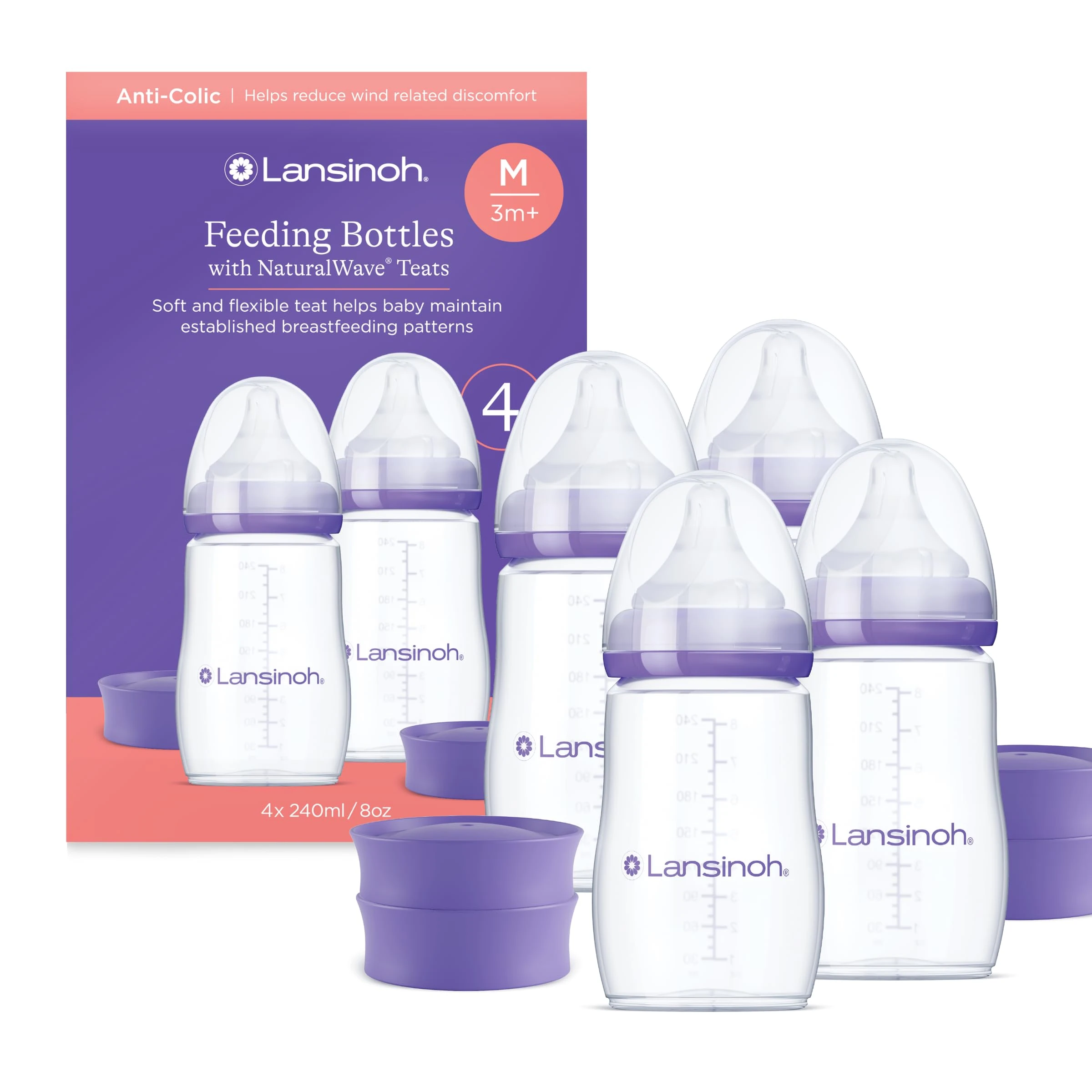 Lansinoh Anti Colic Baby Bottle - 240ml - NaturalWave® Medium Flow Teats Reduces Nipple Confusion + New Stackable Lid Breast Milk Storage Bottles Breastfeeding Bottle Feeding - Baby Bottles 4-Pack