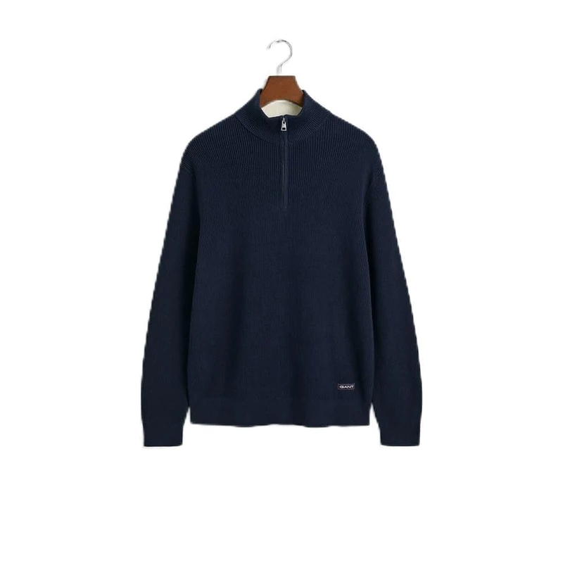 GANT Men's Ribbed Cotton Half Zip Pullover Sweater, Evening Blue, M