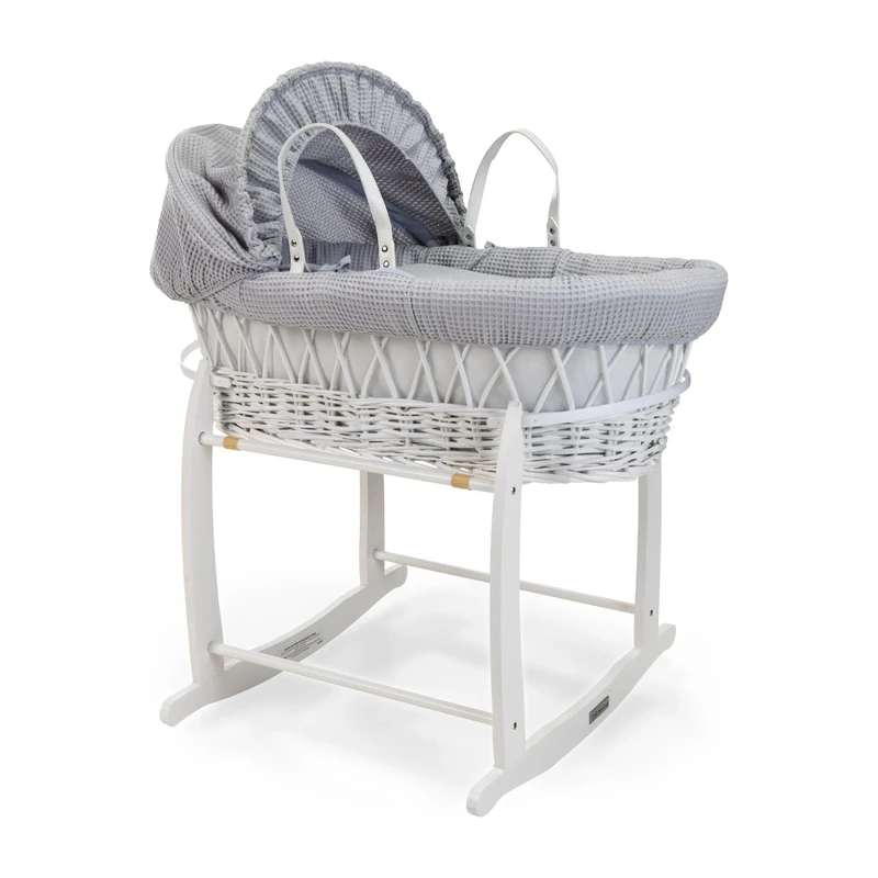 Clair de Lune Waffle White Wicker Moses Basket with White Deluxe Rocking Stand 68 x 38 cm (Grey)