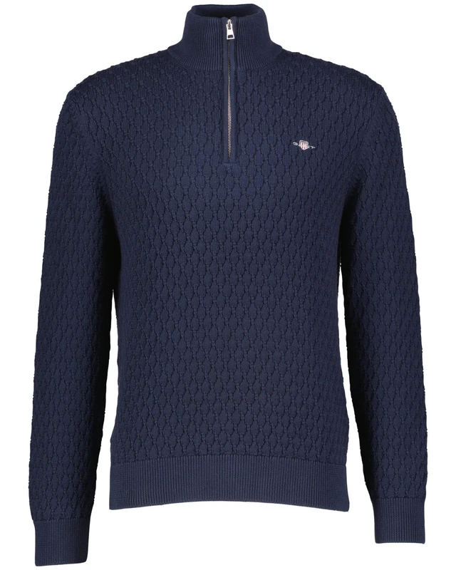 GANT Men's Textured Cotton Half Zip Pullover, Evening Blue, L