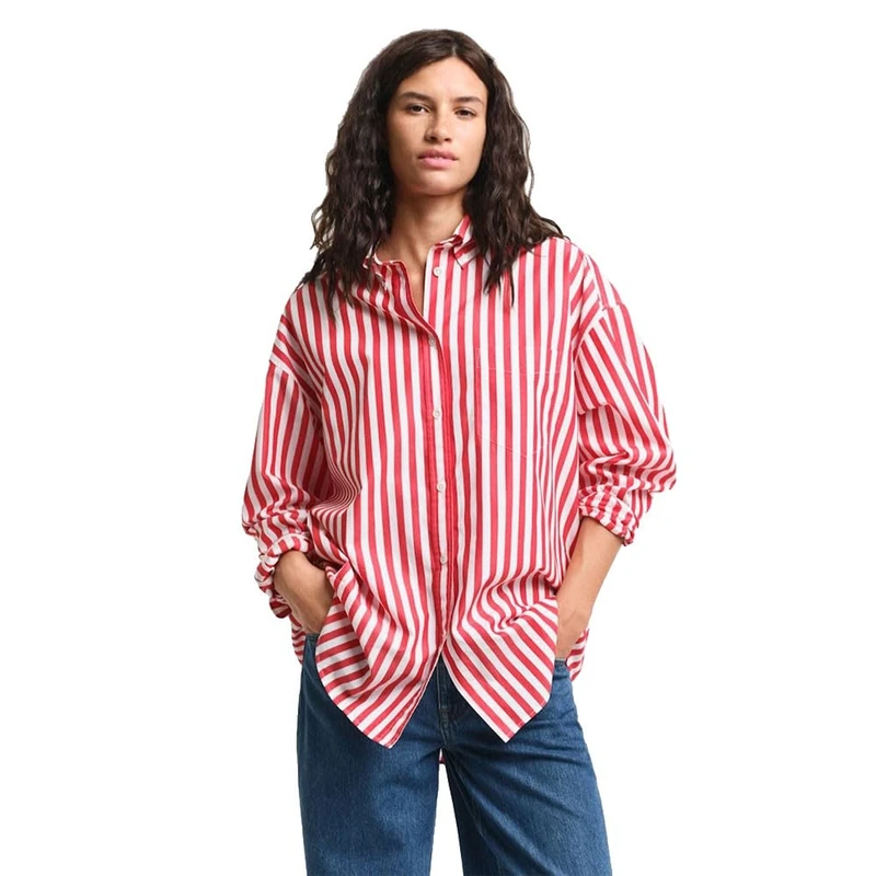 GANT Women's Os Striped Classic Poplin Bd Shirt Blouse, Bright red, 10