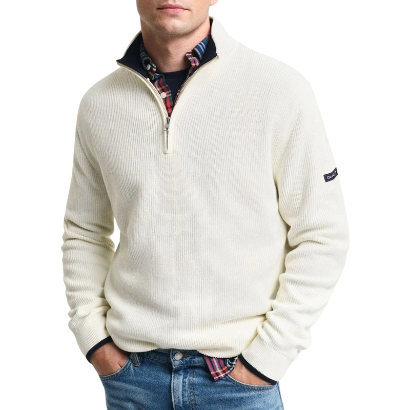 GANT Men's Ribbed Cotton Half Zip Pullover Sweater, Cream, XXXXXL