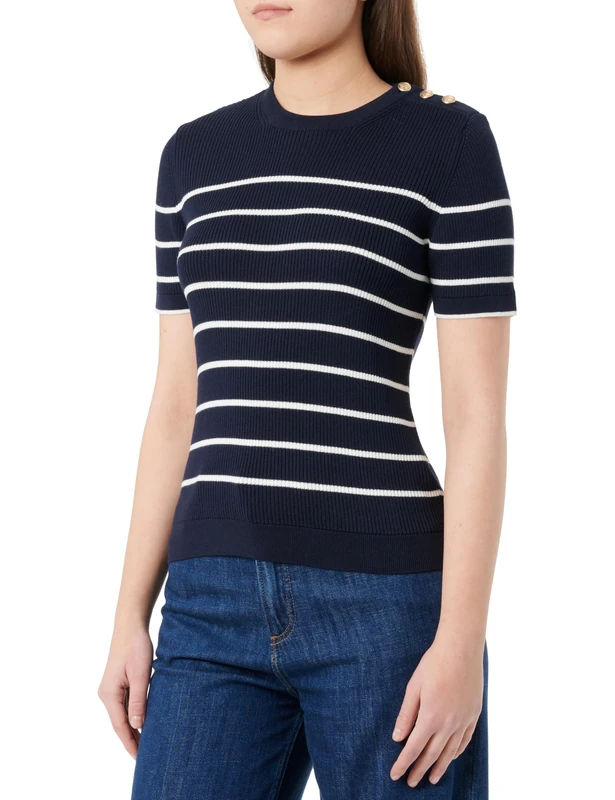 GANT Women's Ribbed Breton C-Neck Pullover Sweater, Evening Blue, S