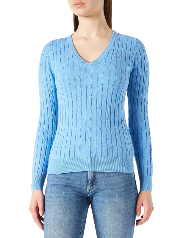 GANT Stretch Cotton Cable V-Neck, Sea Blue, M - Image 1