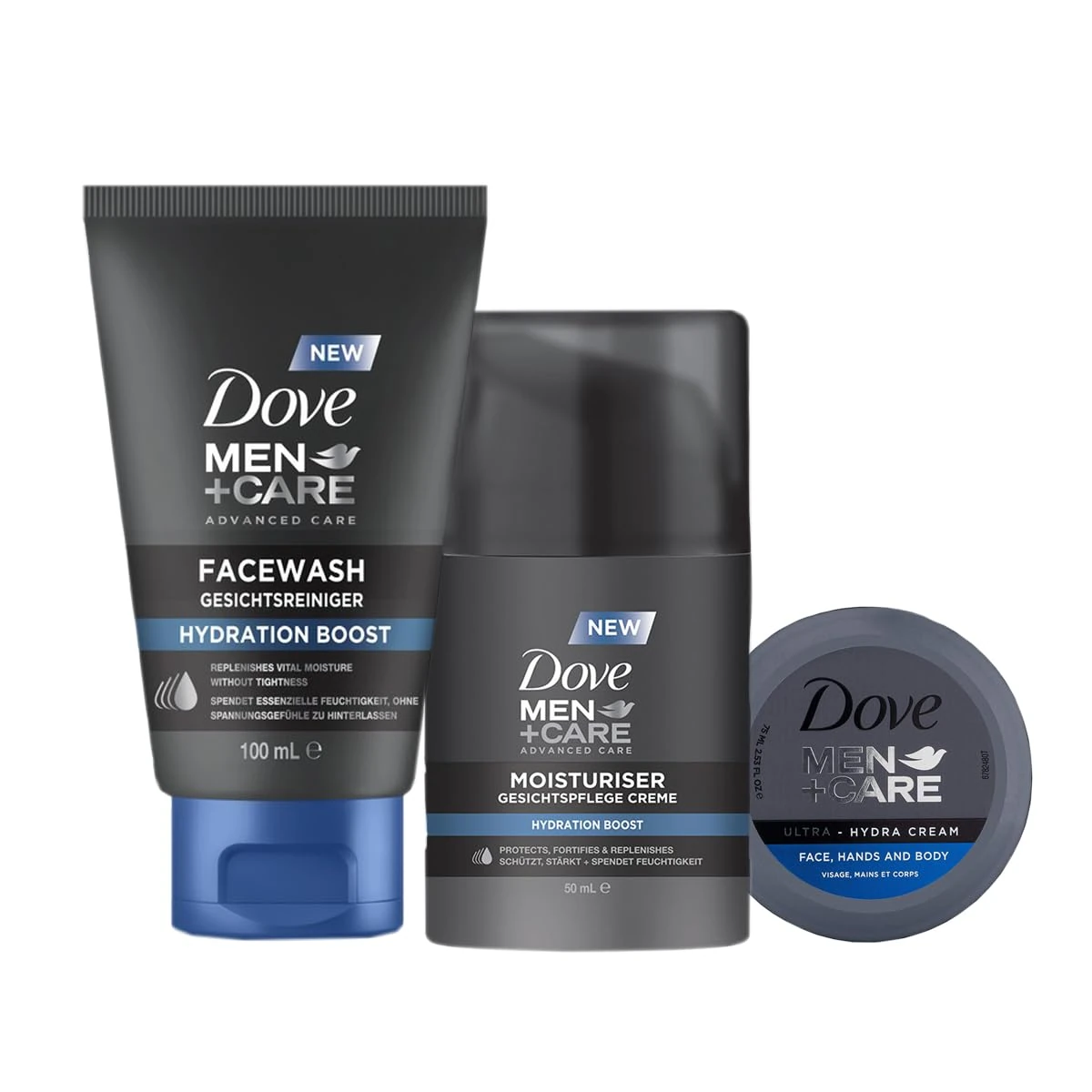 DOVE MEN + CARE Moisturiser Hydration Boost - Facial Cleanser - 100 ml, Face Cream - Protects, Strengthens and Moisturises, 50 ml & Ultra Hydra Cream - Moisturising Effect for Face Hands Body, 75 ml