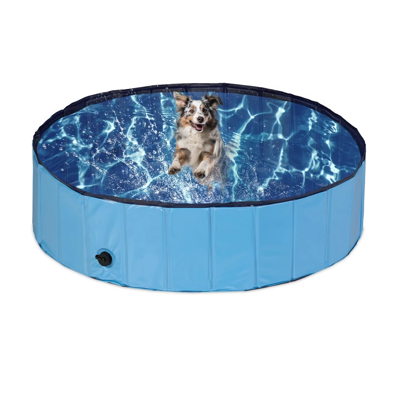 Relaxdays Dog Pool, HxD: 30 x 120 cm, Foldable, with Drain Valve, Puppy Paddling to Cool Off in Summer, PVC & MDF, Blue