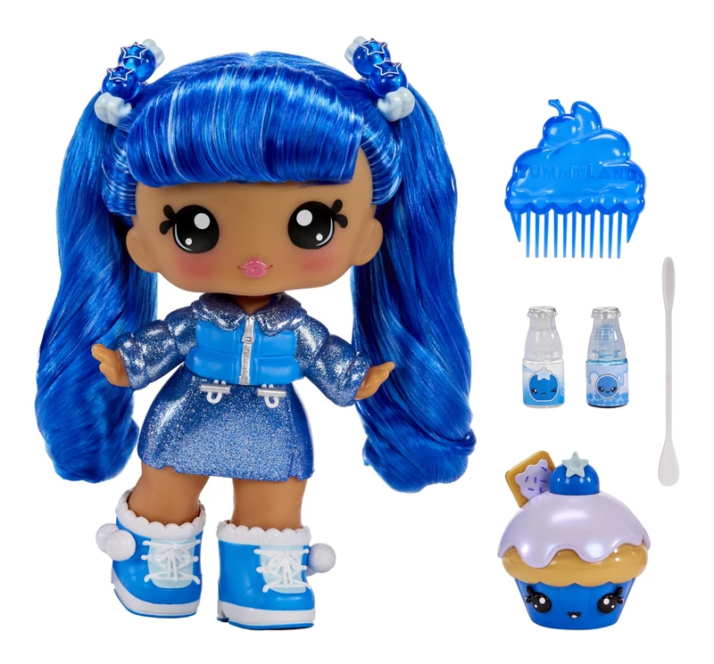 Yummiland Large Doll and Num Nom Lipgloss Pet - Rory Blueberry and Goodie - Scented Character Doll with DIY Lipgloss Kit - Suitable for Kids Ages 4+ - Image 1