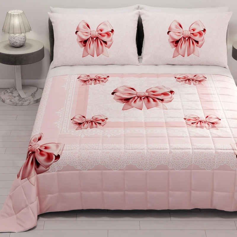 PETTI Artigiani Italiani - Summer Bedspread Double 260 x 270 cm 100 GSM Reversible Double Bed Spring Lightweight Quilt Pink Bow 100% Made in Italy