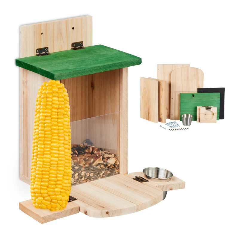 Relaxdays Squirrel Feeder, Kit, Wood, with Corncob Holder & Bowl, Feeding House, HWD: 27 x 28 x 23 cm, Natural/Green