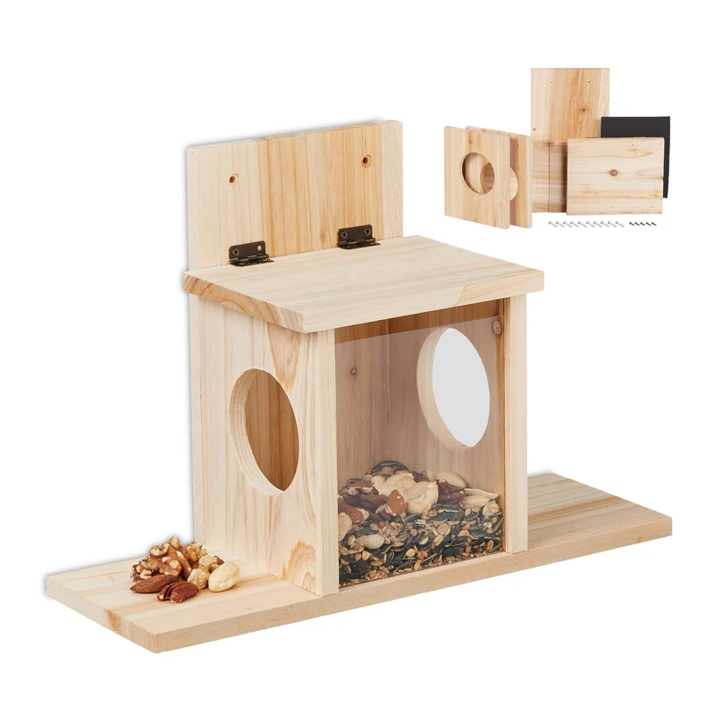 Relaxdays Squirrel Feeder Kit - Natural Wood Feeding House