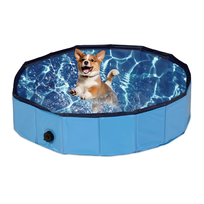 Relaxdays Dog Pool, HxD: 20 x 80 cm, Foldable, with Drain Valve, Puppy Paddling to Cool Off in Summer, PVC & MDF, Blue - Image 1
