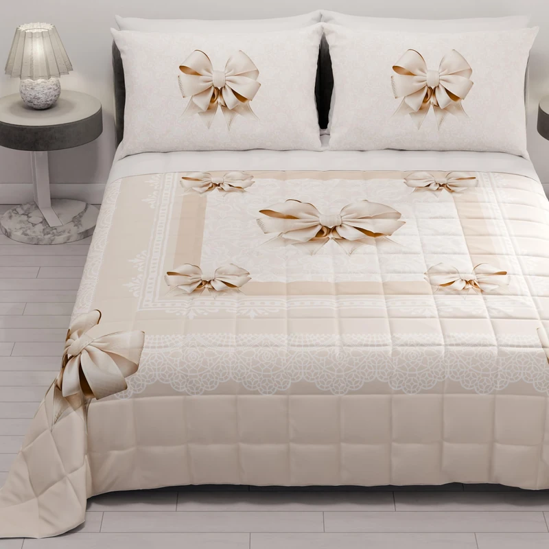 PETTI Artigiani Italiani - Summer Bedspread 220 x 260 cm 100 g/m² Double Face, Spring Quilt, Lightweight Quilt, Beige Bow, 100% Made in Italy