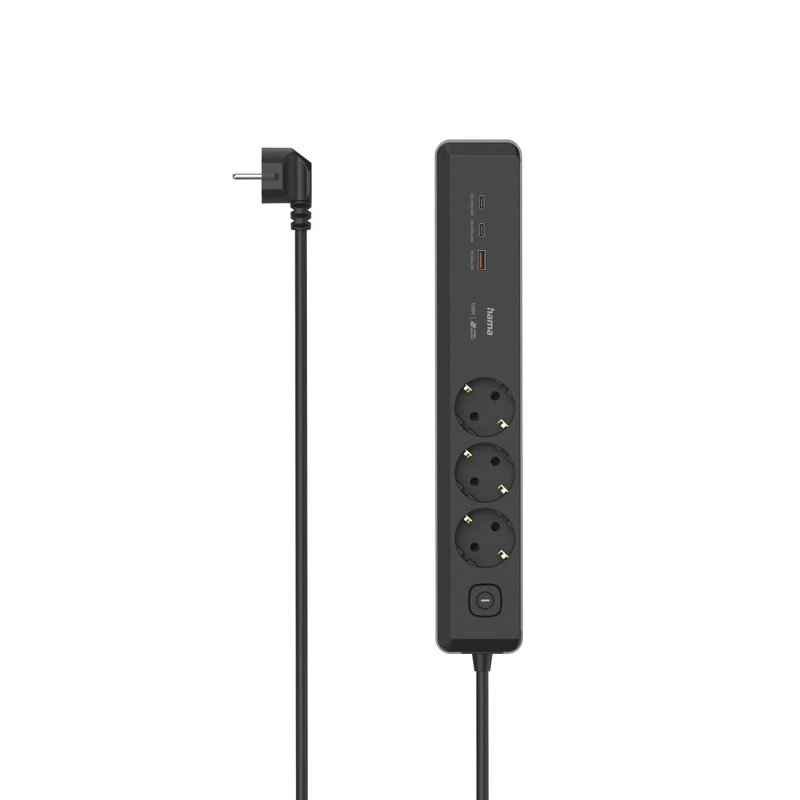 Hama Power strip, 3 Sockets, USB-C/A 100W, PD, Switch, 1.4m, Black/Grey