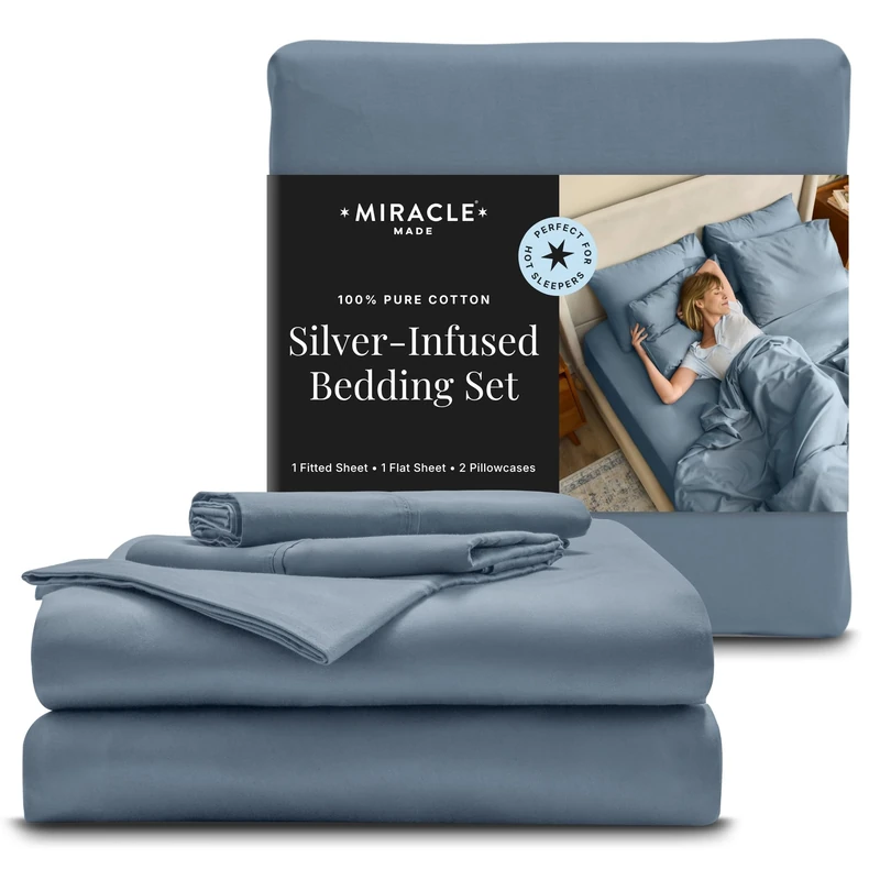 Miracle Made Luxe Cooling Sheet - Slate Blue Bed Sheet - 4 Piece Silver Infused Bed Sheets - 300 Thread Count - Bed Sheets King Size - Thermoregulating Clean & Cool Fabric for Sensitive Skin - Image 1