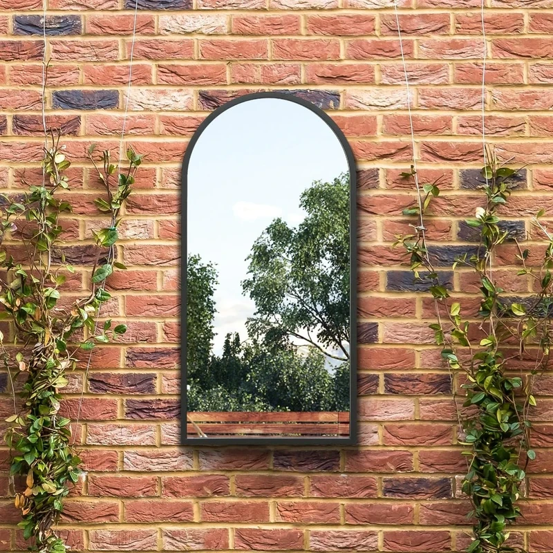 The Arcus - Black Metal Framed Arched Garden Wall Mirror 31" X 16" (80CM X 40CM). Suitable for Outside and Inside