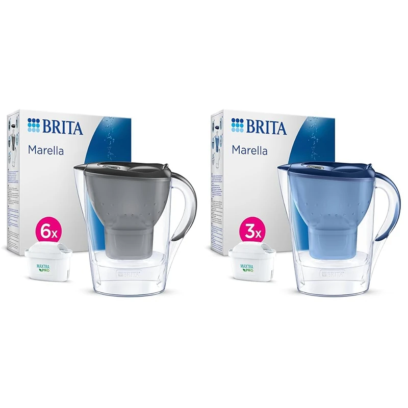 BRITA Marella Water Filter Jug Half Year Pack - Graphite (2.4 Litre) with 6x MAXTRA PRO & Marella Water Filter Jug Starter Pack - Blue (2.4 Litre) with 3x MAXTRA PRO All-in-1 cartridge