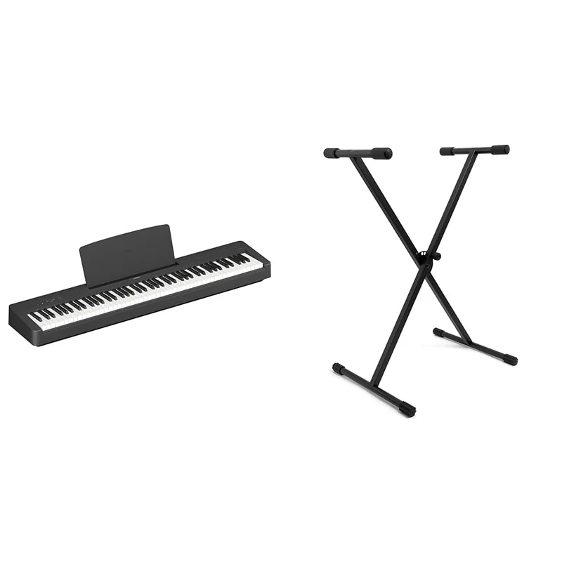 Yamaha P-145 Digital Piano with 88 Graded Hammer Compact Keys & TIGER KYS77-BK X-Frame Keyboard Stand - Height Adjustable Single Braced for Keyboards, Synthesisers and Digital Pianos - Black