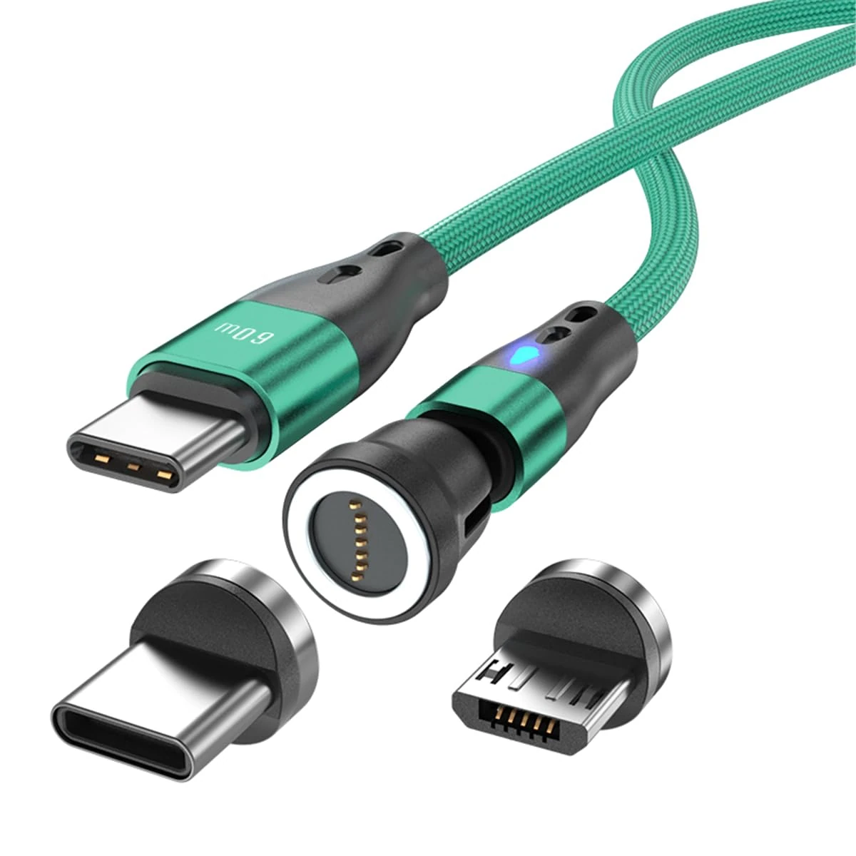 Magnetic Charging Cable USB C to USB Type C/Micro USB Magnetic Cable Pd 60w Fast Charging 1m/2m 540° Rotation 2-in-1 Magnet USB Cable for Android Micro USB Type C Smartphone Tablet Laptop (2m Green)