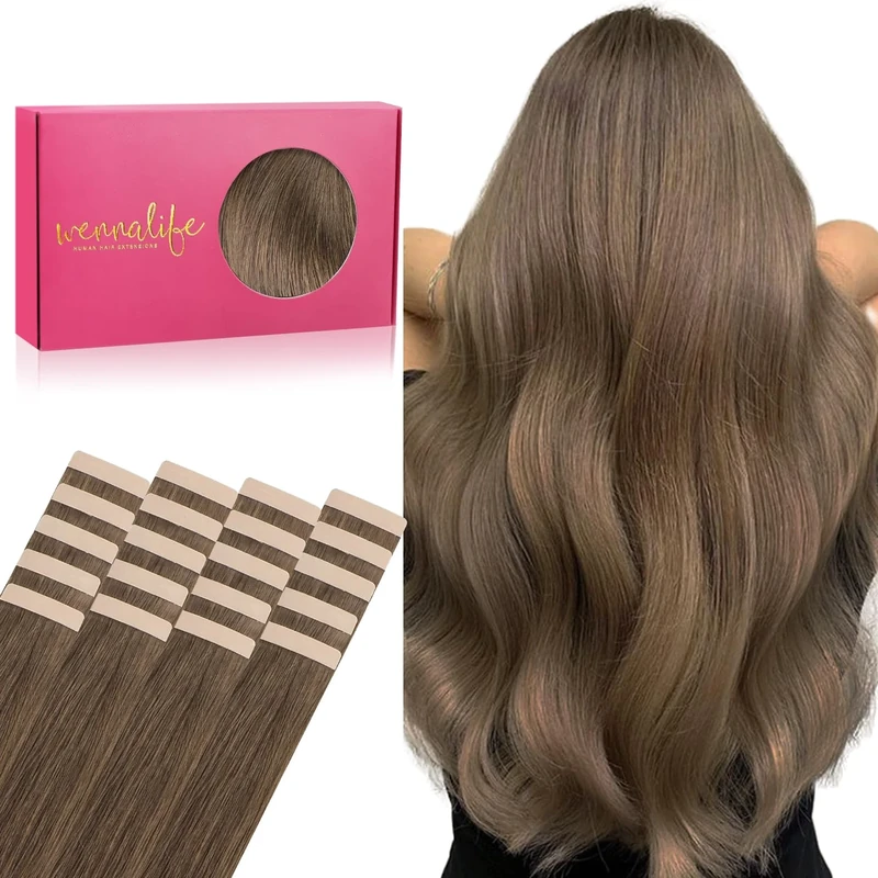 WENNALIFE Tape in Hair Extensions Human Hair, 20pcs 20 inch 50g Light Ash Brown Real Human Hair Tape Extensions Remy Tape Hair Extensions
